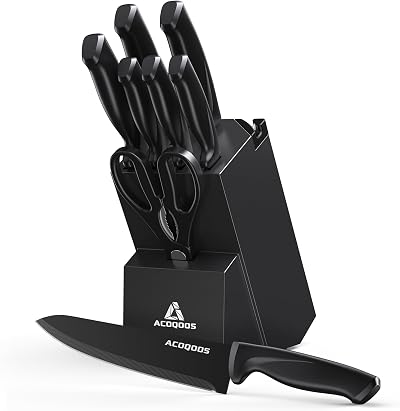 ACOQOOS 10 Piece Stainless Steel Knife Set with Block & Sharpener