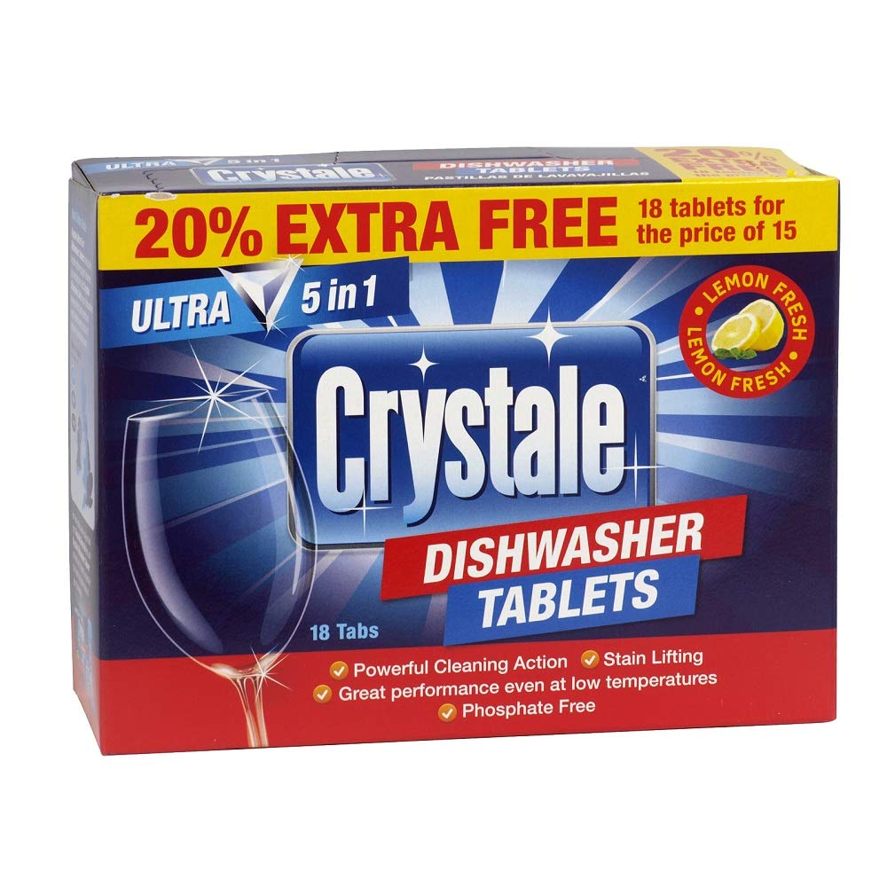Crystale Ultra 5 In 1 Dishwasher Tablets 18 Tablets (Lemon) Free 20