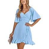 ANN CREEK Women's Short Dress Wrap V Neck Smocked Elastic Waist Short Flared Sleeve Belted Ruffle Hem Party Dress 2025
