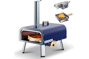 ABORON 13" Outdoor Pizza Oven, Electric Rotating Multi-Fuel Cooker with 3-Layer Stainless Steel Design, Built-in Thermometer, Pizza Cutter & Carry Bag for Backyard, Patio, Camping (Blue)