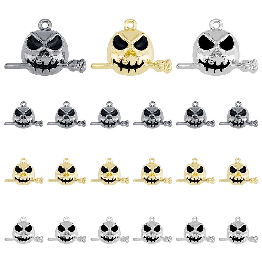 DICOSMETIC 30Pcs Skull Head Charms 3 Colors Halloween Pendants Skeleton Head with Rose Charms Gothic and Punk Charms Alloy Enamel Skull Charms for DIY Jewelry Crafting, Hole: 1.5mm