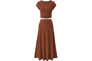 PRETTYGARDEN Women's 2 Piece Summer Outfits Dressy Casual Knit Short Sleeve Crop Top High Waist Midi Skirt Set