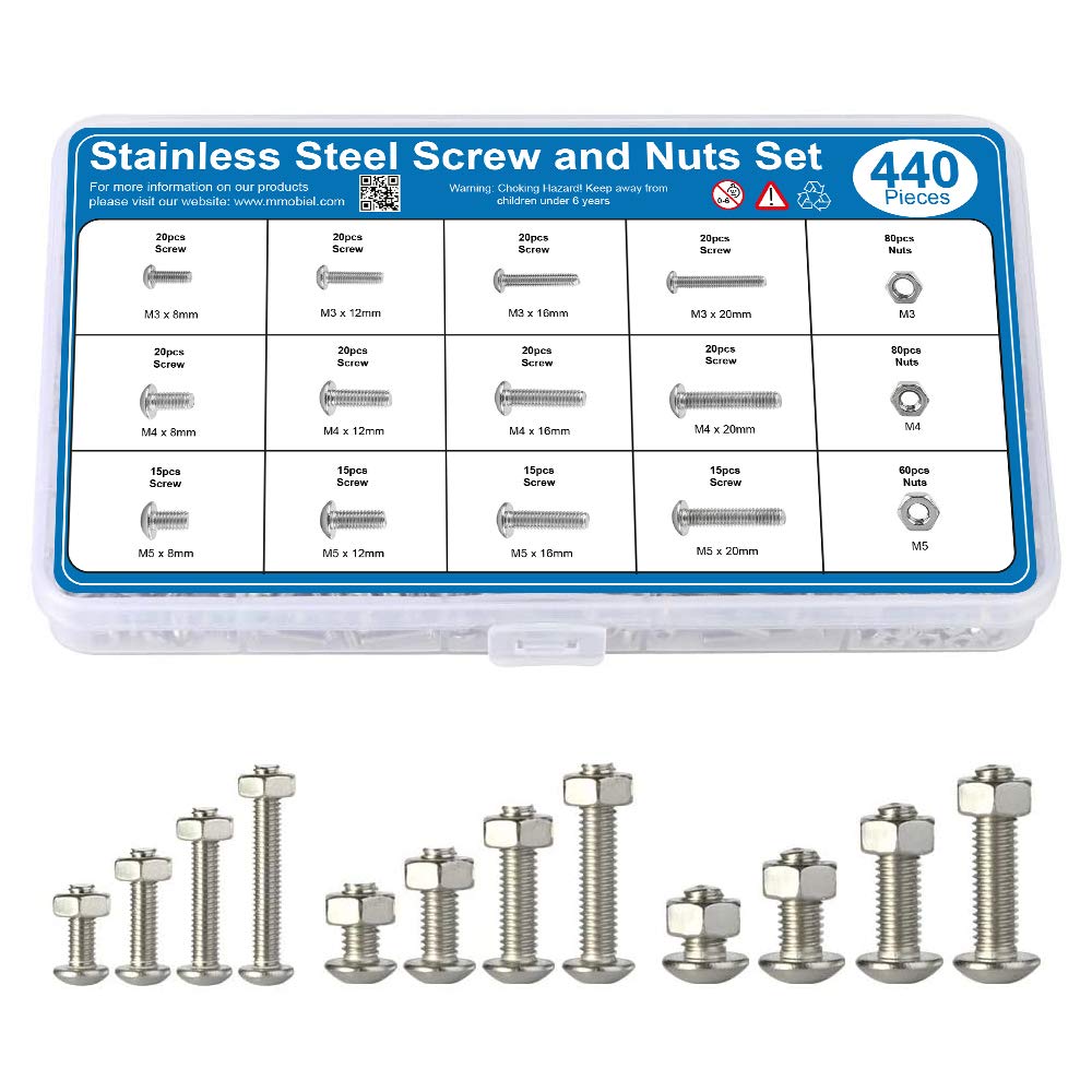 MMOBIEL Stainless Steel Hex Socket Kit - 15 Sizes M3 M4 M5 Hex Socket Button Head Cap Assortment Kit 440 Pcs - Machine Screws Bolts and Nuts - Incl. Wrenches