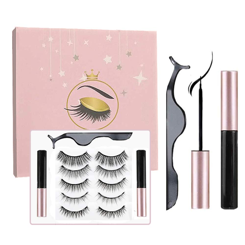 Sunwuun Magnetic Eyelashes, 5 Pairs Magnetic False Eyelashes with 2 Magnetic Eyeliner, Eyelashes and Eyeliner Set With Natural Look, Reusable and Easy to Apply