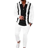 UOUA Mens 2 Piece Set Casual Outfits 1/4 Zip Polo Long Sleeve Shirt & Pants Track Suit Loungewear Athletic Sweatsuit