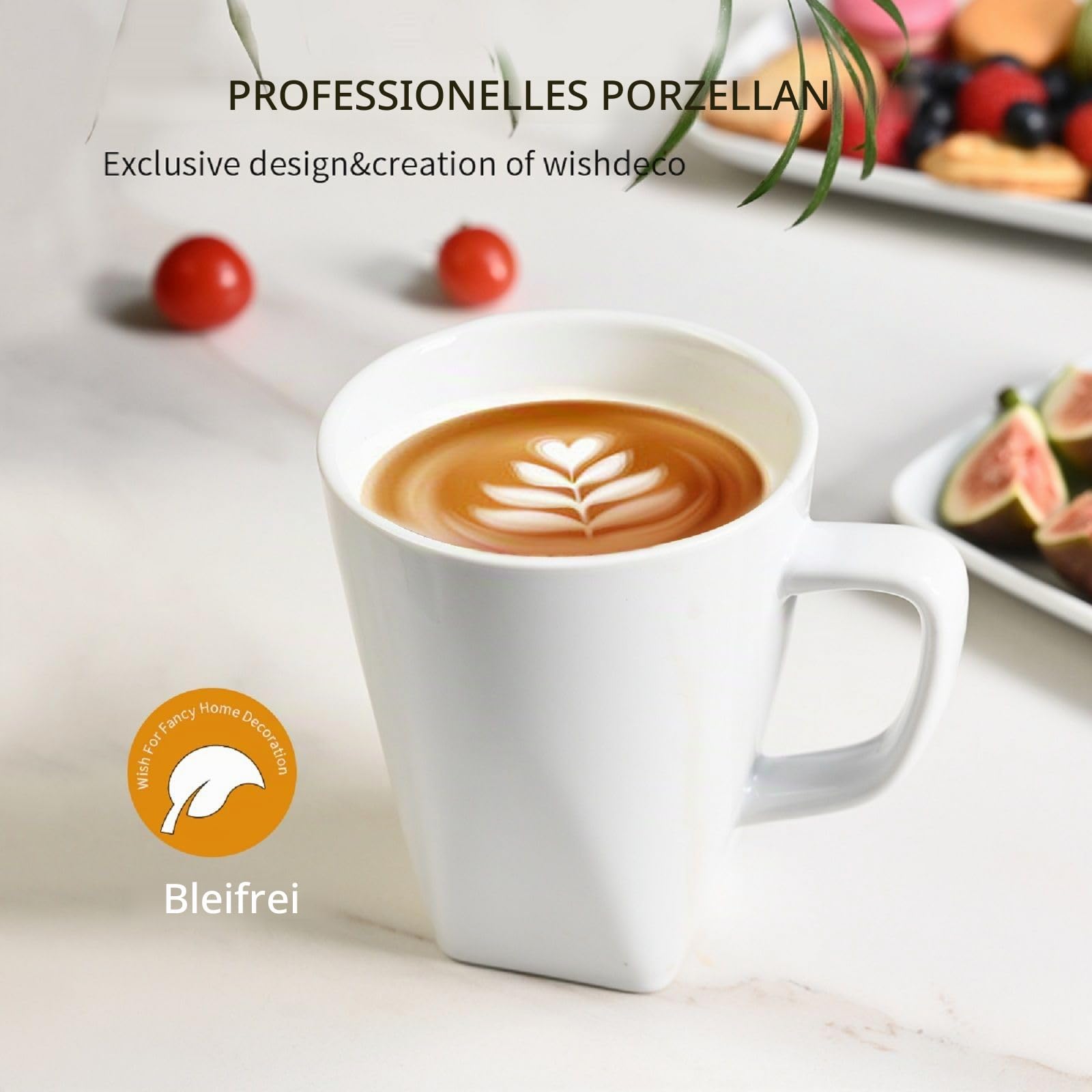 WishDeco Kaffeebecher 6er Set, Kaffeetassen Porzellan Weiß 400ml, Kaffee Tassen Groß mit Henkel, Tassen Set für Cappuccino Tee Milch Heißgetränke, Eckig Boden 4