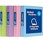 Oxford 3 Ring Binders, Binders for School and Office, 1.5 inch, Slant D Rings, 375 Sheet Capacity, ClearVue Presentation, Non-Stick, PVC-Free, Assorted Pastel Colors, 4-Pack (1002482)