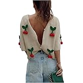 WDIRARA Women's 3D Cherry Button Down Cardigan Sweaters Crew Neck Half Sleeve Sweater