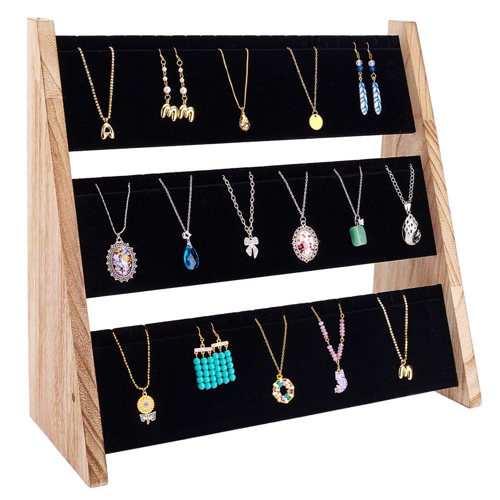 PH PandaHall 3-Tier Necklace Jewellery Display Holder, Wood Pendant Holder Large Capacity Necklace Organizer Stand Jewellery Rack Organizer with Velvet Mat Display Board for Home Stores Exhibitions