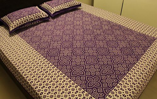 Cotton King Queen Full Bed Sheets Pillowcases Set White Purple Hand Printed Ethnic Floral Bedspreads Bedding 85 x 104 Inches
