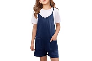 CharmWM Girls Summer Jumpsuits Spaghetti Strap Sleeveless Loose Romper Short Pants with Pockets 5-14 Years