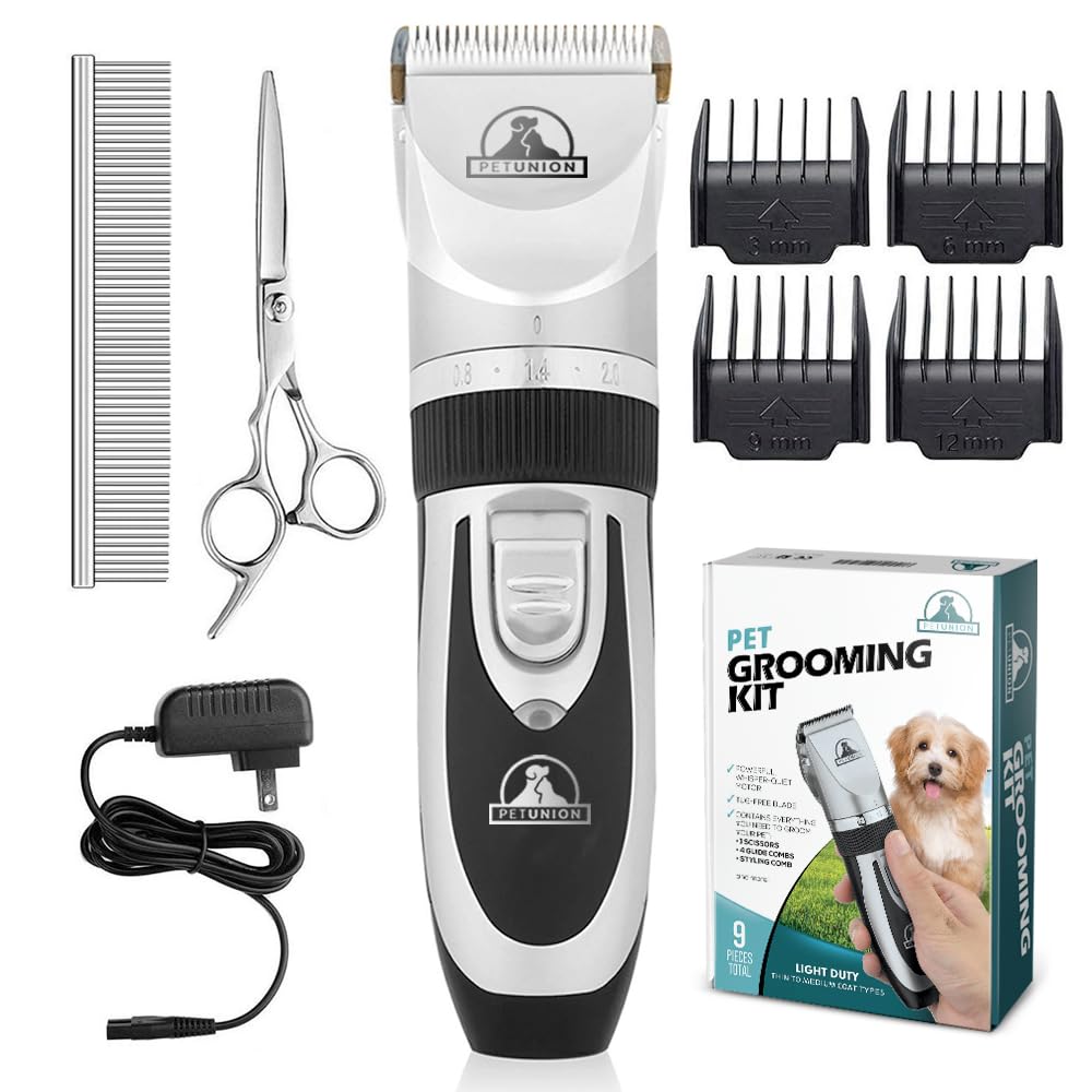 Pet Union Professional Dog Grooming Kit - Rechargeable, Cordless Pet Grooming Clippers & Complete Set of Dog Grooming Tools. Low Noise & Suitable for Dogs, Cats and Other Pets (Stainless Steel)