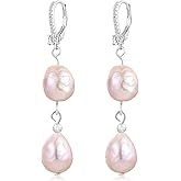 Pearl Drop Earrings White,Purple Baroque Double Big Pearls 11-13mm 925 Sterling Silver Dangle Earrings for Women Leverback Irregular Statement Handmade Jewelry Gift