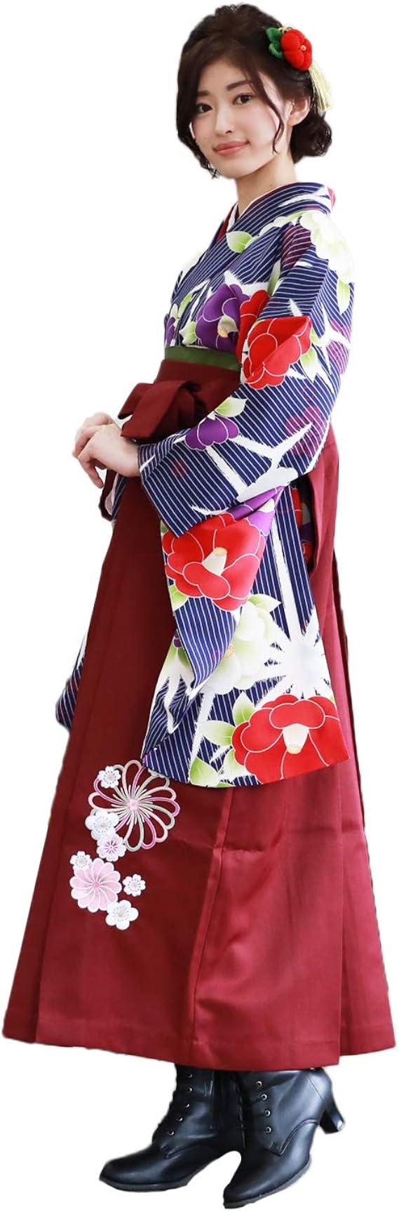 Amazon Co Jp 卒業式 袴セット ブーツ付き16点フルセット 紺地に白縞と赤 紫 白の椿 レディース 小学生 安い 女性 Zu 服 ファッション小物