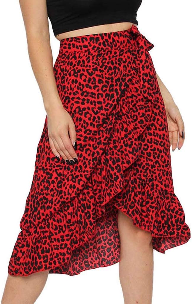 TWIFER New Womens Ladies High Fashion Tie Bow Ruffle Hem Leopard Frill Wrap Midi Skirt Beach Skirt Maxi Dress
