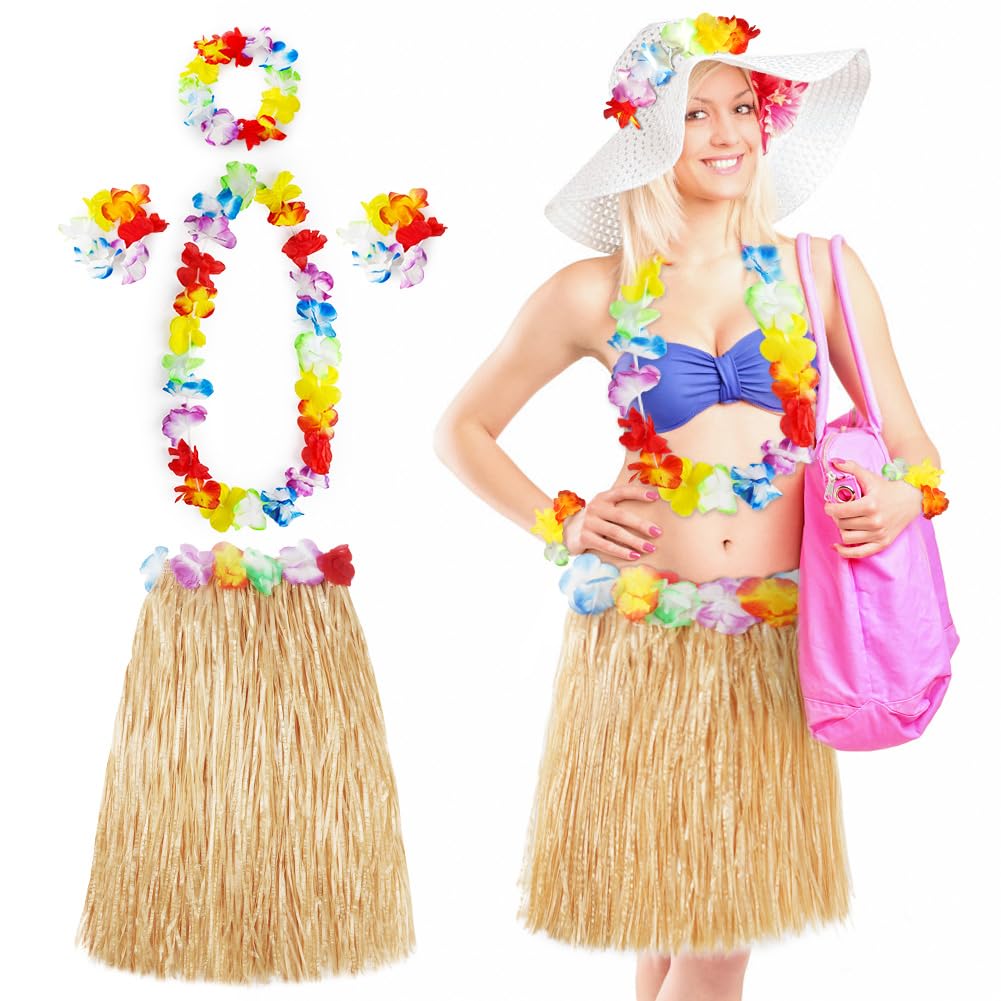 Aomig Hawaiian Grass Skirt, 5 Pcs Hawaiian Garlands, Tropical Fancy Straw Color Dress Hawaiian Headband Necklace Wristband Flower, 60CM Hawaiian Leis for Kid, Adult, Women Summer Beach Tropical Party