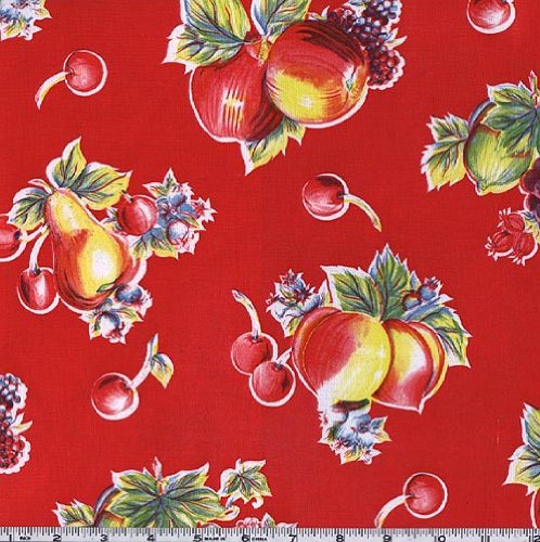 Oil Cloth Pears & Apples Red Fabric By The Yard