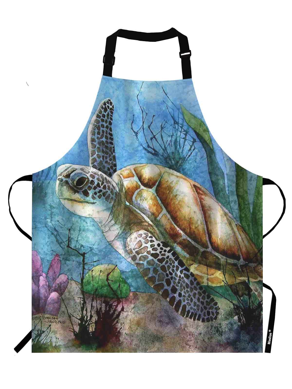 Moslion Sea Turtle Apron,Lonely Swim Oil Painting in Ocean Apron,Adjustable Neck Bib for Men Women,Suitable for Kitchen Cooking Waitress Chef
