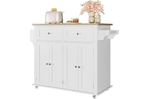 GarveeHome Kitchen Island Cart with Solid Wood Top, Portable Rolling Islands Table on Wheels with Drawer and Storage Cabinet, Spice Rack, Towel Rack, White