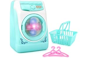 deAO Washing Machine Toy for Kids Dollhouse Furniture Pretend Play Household Appliance Realistic Sounds with Lights Laundry Play Set with Rotatable Roller for Boys Girls