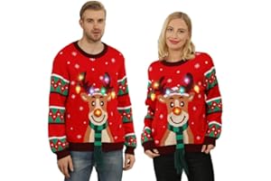 DUOLZ Ugly Christmas Sweaters for Women 2023 Men,Light Up Christmas Sweater,Funny Reindeer Unisex Red Xmas Ugly Sweater for Couples