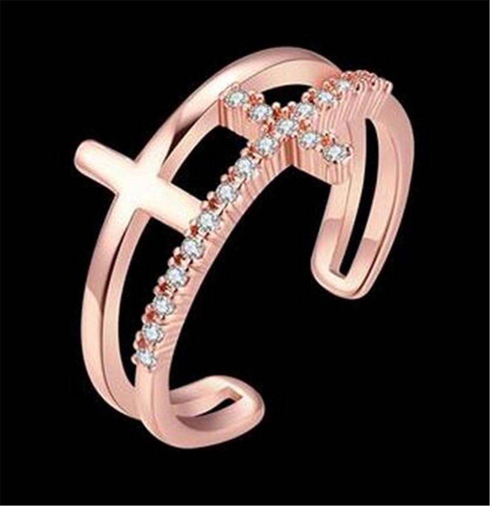 Boowhol Women's Adjustable Size Ring Rose Gold Plated Double Crucifix Zircon Open Ring-Valentine's Day/Ladies/Women - Image 4