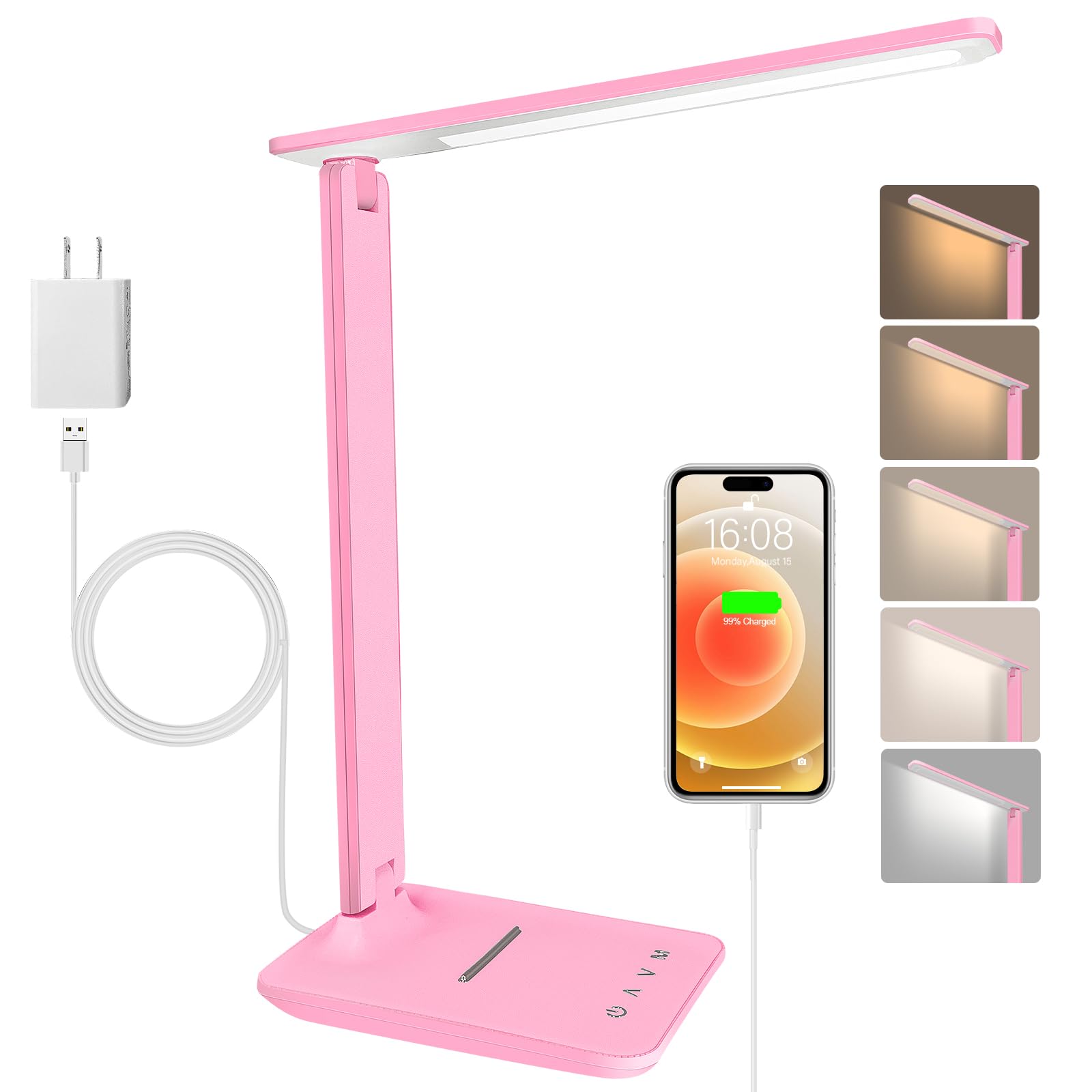 Photo 1 of White crown LED Desk Lamp Dimmable Table Lamp Reading Lamp with USB Charging Port, 5 Lighting Modes, Sensitive Control, 30/60 Minutes Timer (Pink, First-Generation)