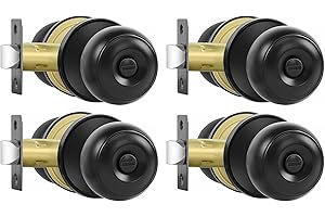 RAZCC Privacy Door Knobs, 4 Pack Matte Black Door Knobs with Lock, Bed and Bath Door Knob Interior Keyless Locksets, Round Door Handles Reversible for Left Right Handed Doors