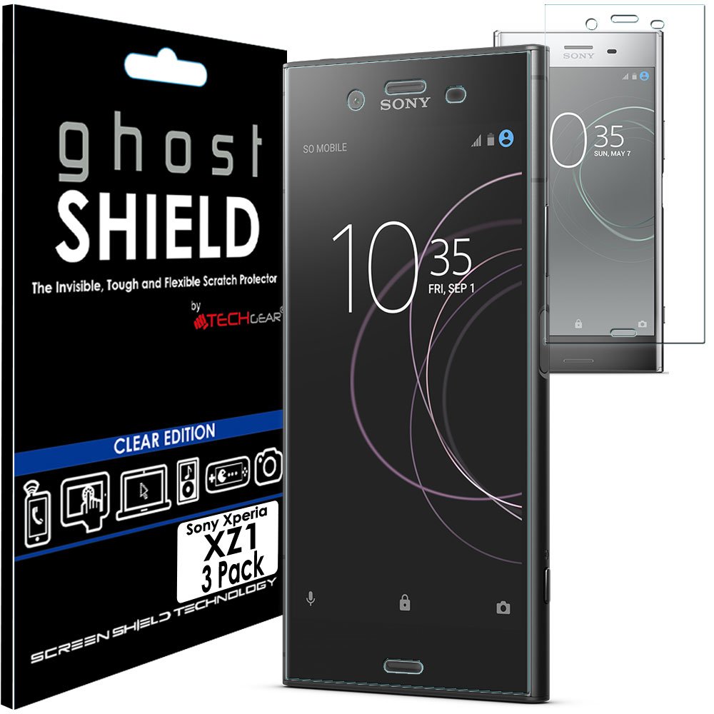 TECHGEAR [3 Pack] Screen Protectors to fit Sony Xperia XZ1 [ghostSHIELD Edition] Genuine Reinforced Flexible TPU Screen Protector Guard Covers with Full Screen Coverage inc Curved Screen