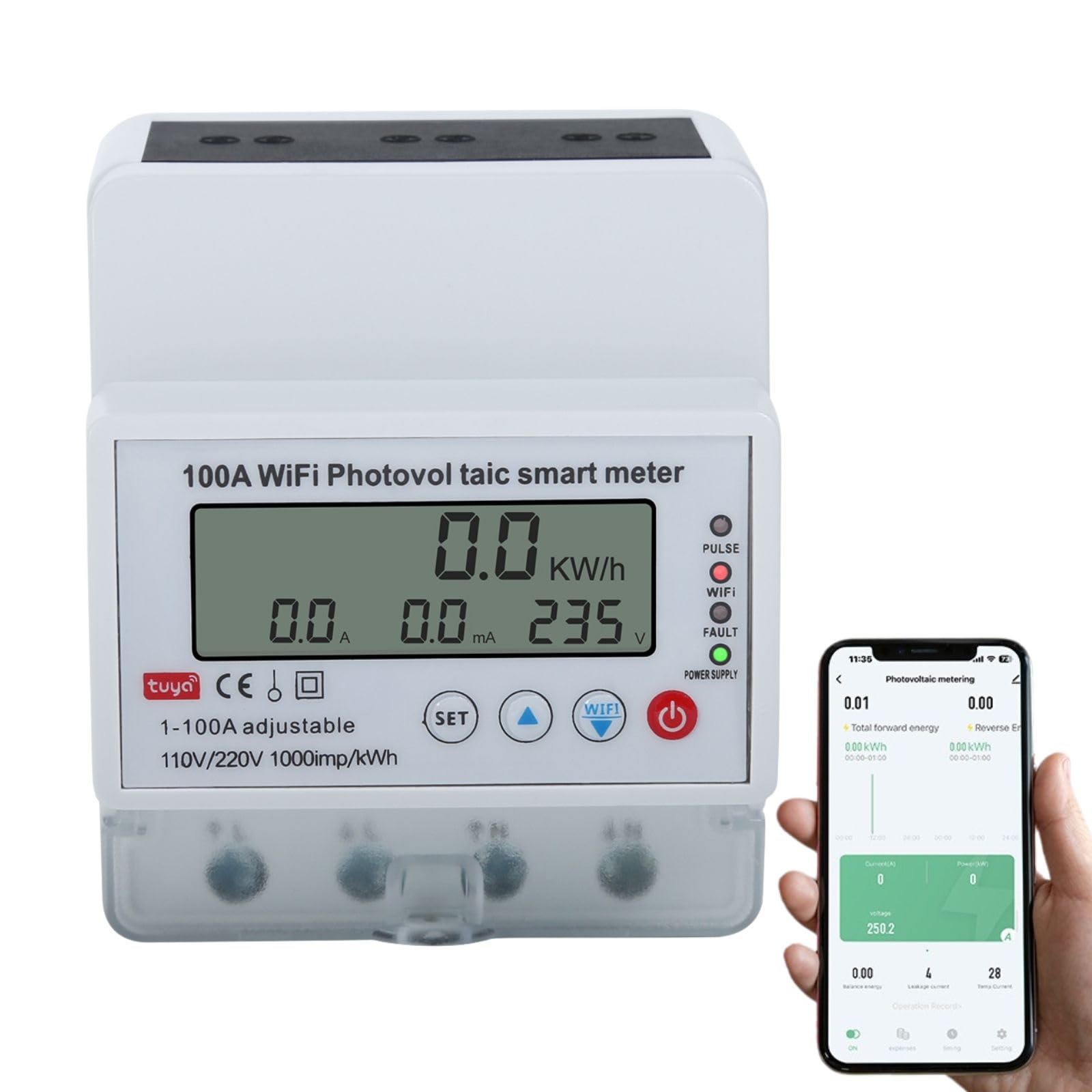 Jadeshay WiFi Electric Meter 100A Tuya WiFi Photovoltaic Smart Energy Meter Power Consumption Electricity Usage Monitor,Backlight LCD Display Circuit Breaker Timer Switch