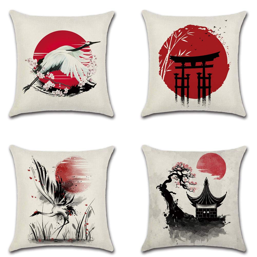 Artscope Set of 4 Japanese-Style Cushion Covers, Red Sun with Ink Painting Crane Decorative Throw Pillow Covers for Couch Bedroom Outdoor Bench Farmhouse Decor 45x45cm