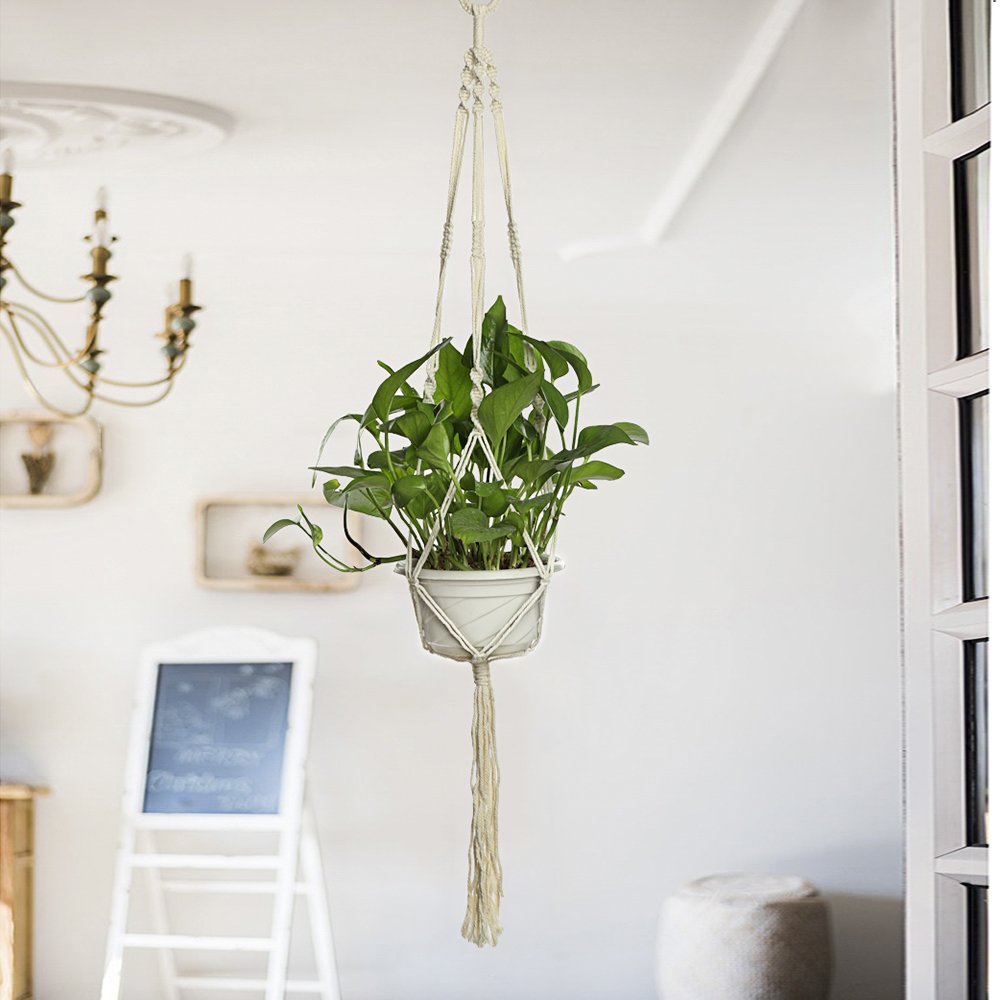 2 piezas de cesta de maceta para interiores y exteriores, colgante, cuerda de algodón, 4 patas de 101,6 cm, hecho a mano para interiores y exteriores, soporte de cuerda para colgar con gancho de techo, blanco