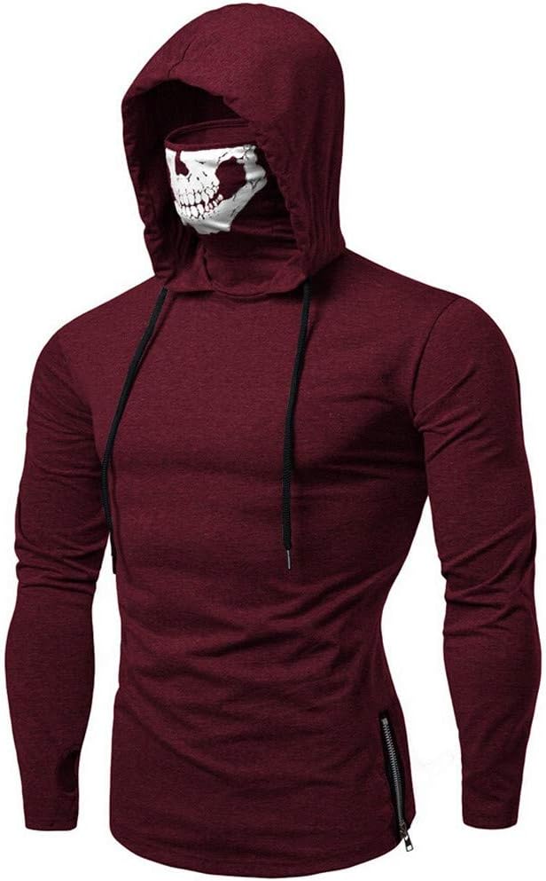 Mens Ma-sk Skull Pure Color Pullover Long Sleeve Hooded Sweatshirt Tops Blouse