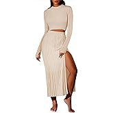 Pink Queen Women's 2 Piece Sweater Outfits Set Long Sleeve Crop Top Ribbed Split Bodycon Midi Long Skirt Knit Dresses