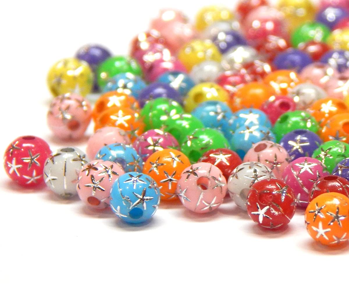 Pack of 400 Plastic Beads Mix Star Rhinestone Effect Glitter Plastic Beads 5 mm Round Colourful Acrylic Beads Set Bead for Threading