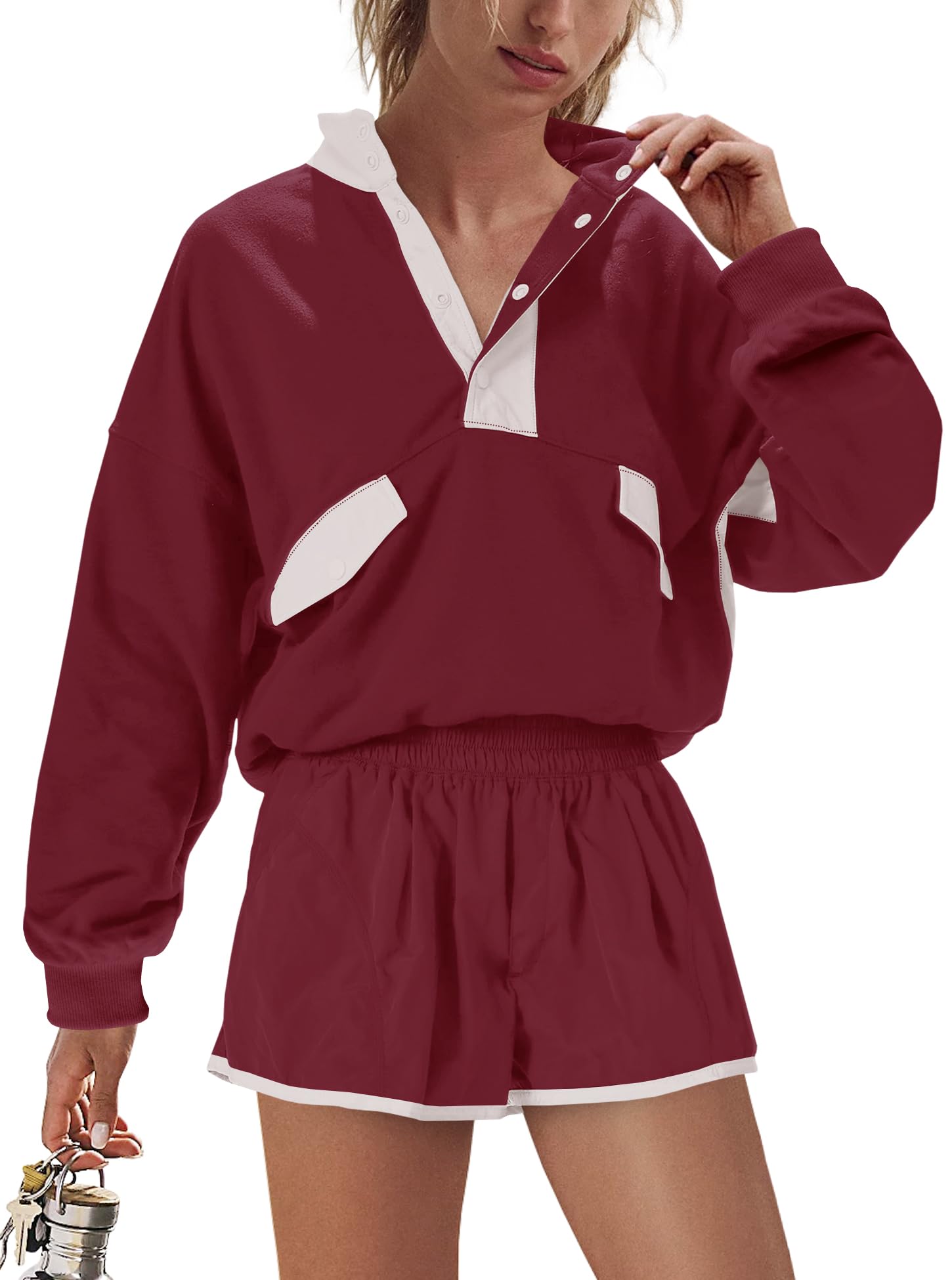 Photo 1 of LAMISSCHE Oversized Shorts Sets Women 2 Piece Outfits Long Sleeve Sweatshirts & Shorts Workout Sets with Pockets(Wine,M)