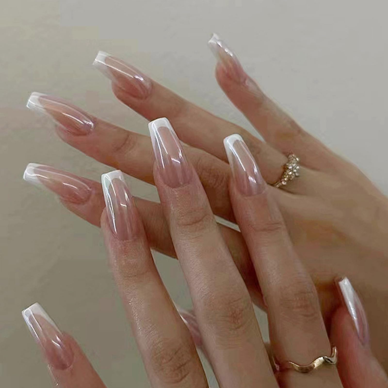 24PCS Pink French Press on Nails,Medium Length Square White Edge Fake Nails,Romantic and Elegant Coffin False Nails,Glossy and Full Cover Acrylic Nails for Women