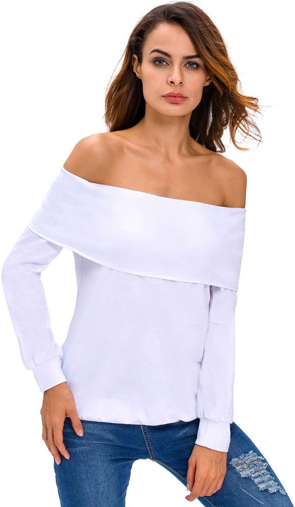 SexyHome Lady European And American Fashion Sexy Off Shoulder Long Sleeve Relaxed Joker T-shirt Clothes(White)