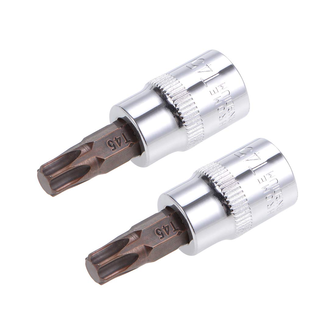 sourcing map 2pcs 3/8" Drive x T45 Torx Bit Socket, S2 Steel Bits CR-V Sockets 38mm Length Use with Ratchet Wrench, Slide Bar, Extension Rod
