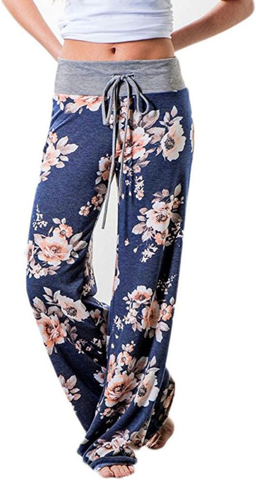 Todaies Womens Wide Leg Lounge Pants,Comfy Stretch Floral Print Drawstring Palazzo Pants