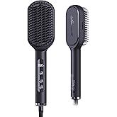 LANVIER Hair Straightener Brush, Ionic Straightening Brush with Infrared, Wide Plate Heated Smoothing Comb with Negative Ions, 32 Temps, Dual Voltage, Flat Iron Comb Styler for All Hair Type