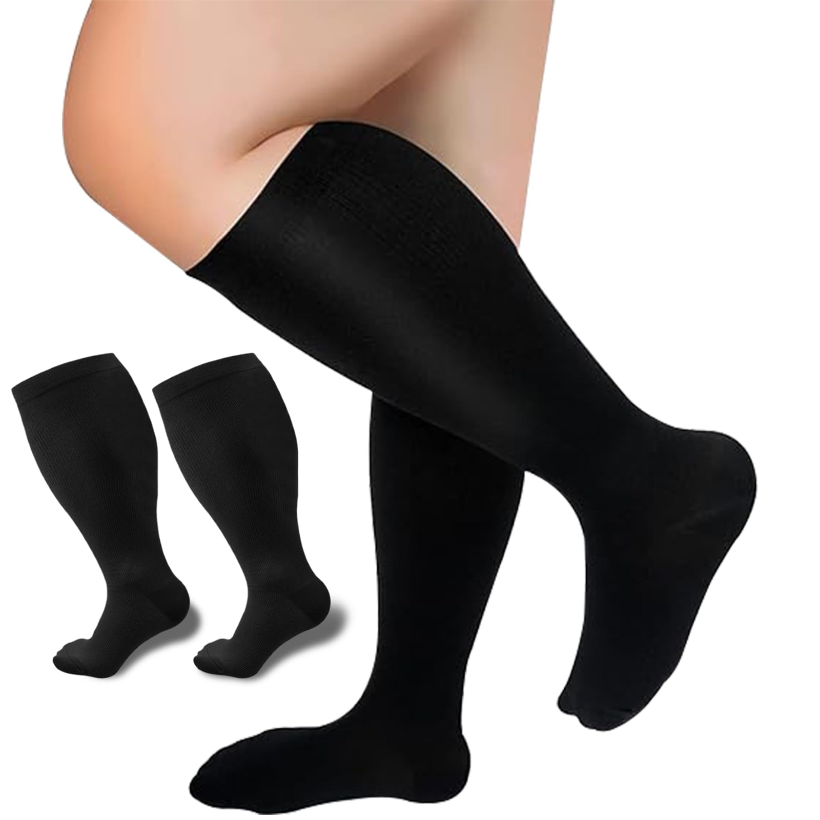 UZSUZZ Plus Size Compression Socks for Women Men, 1 Pairs 15-20 mmHg Graduated Compression Support Stockings, Wide Calf Extra Large Knee High Stockings for Running Flying Pregnancy Nurse Travel Edema