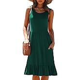 LILBETTER Women's Round Neck Summer Sundresses Casual Pleated Ruffle Hem Knee Length Sleeveless Tank Dress with Pockets