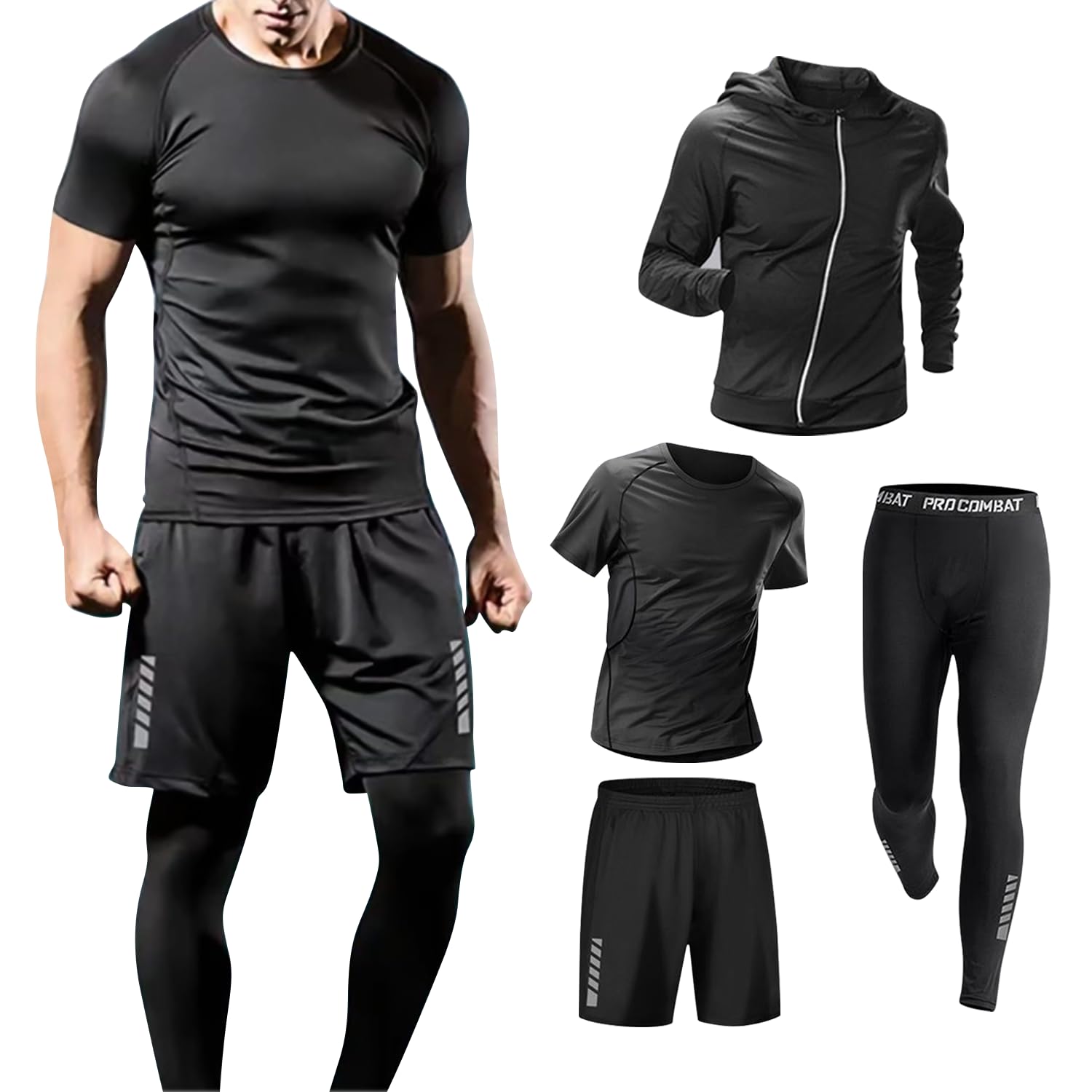 Ciciibear Men's Sportswear 4-Piece Top and Bottom Set, Running Wear, Compression Wear, Long Sleeve, Exercise Wear, Breathable, Sweat Absorbent, Quick Drying, For Cycling, Walking, Training, Mountain
