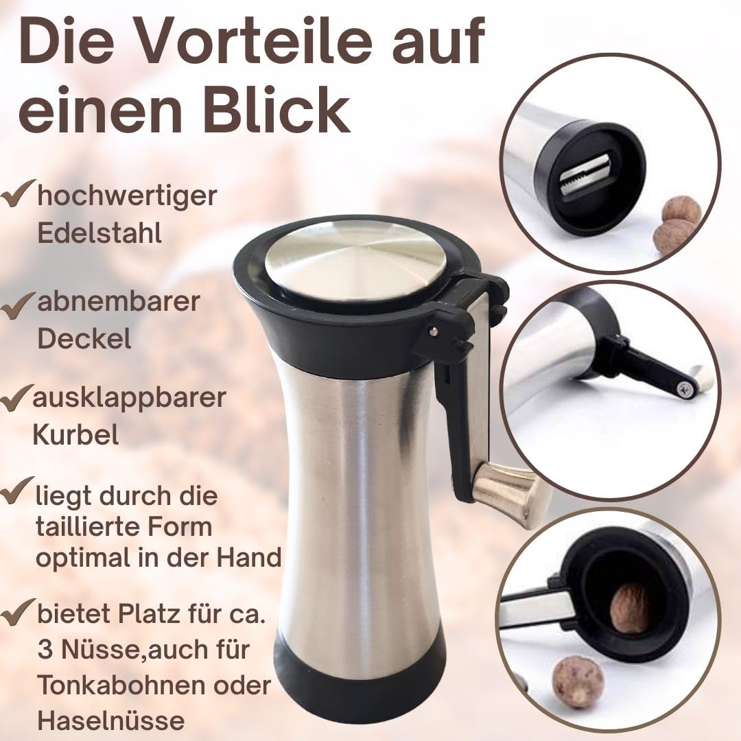TOPANBIETER 999 Muskatmühle Gewürzmühle Muskatnussmühle Edelstahl mit Aufbewahrungsbehälter und einklappbarer Kurbel frische Muskatreibe paßt auch für Tonkabohnen 3