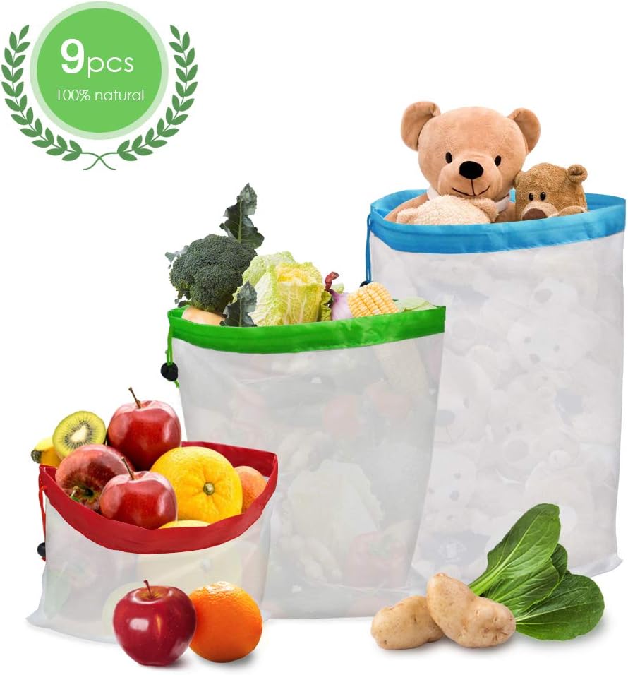 TAOPE Reusable Produce Bag, See Through 9 Packs Washable Premium Lightweight Mesh Bags For Grocery Shopping Storage, Fruit, Vegetable, and Toys