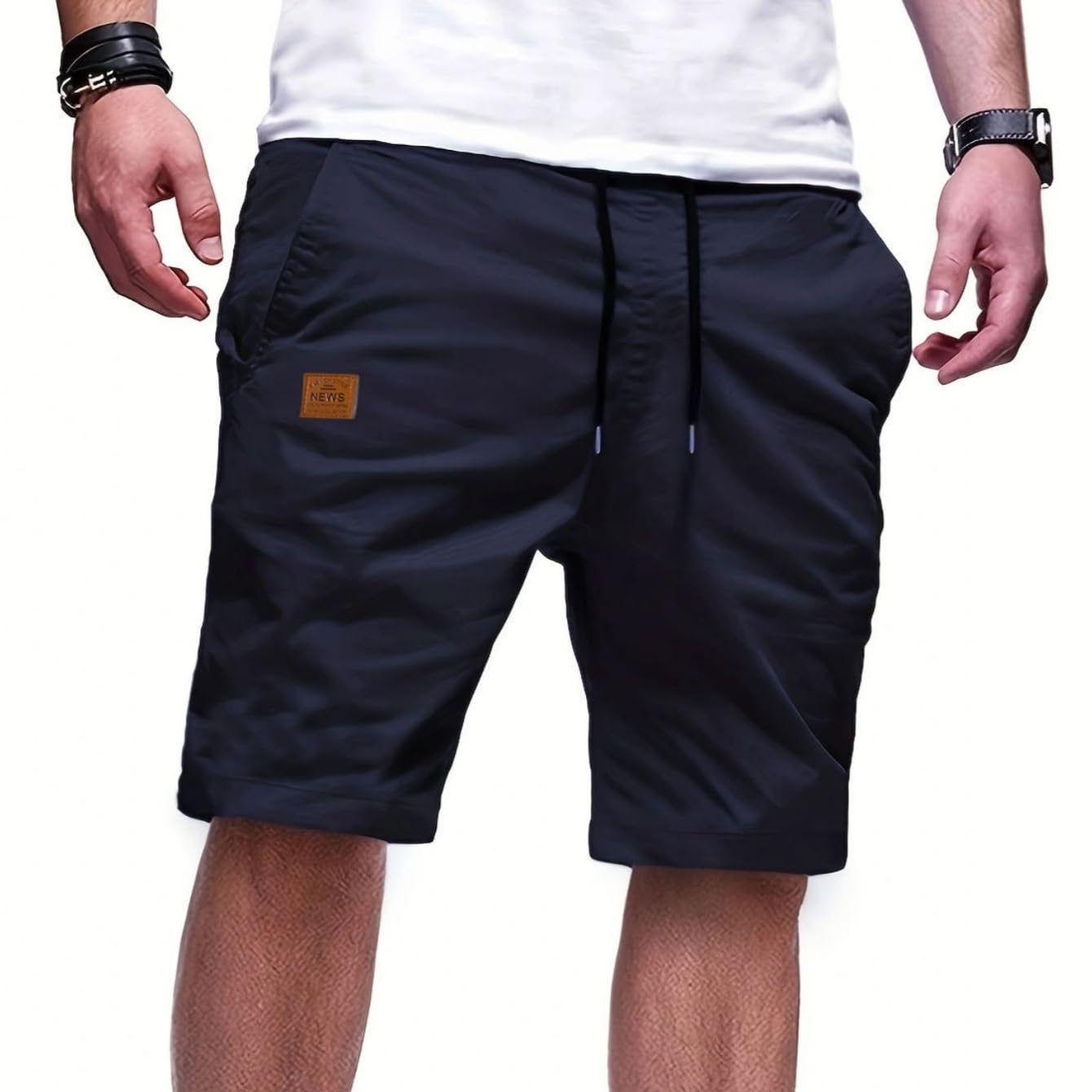 PrimeCrest Kurze Hosen Herren Shorts Sommer Bermuda Stretch Chino mit Taschen Knielange Leicht Atmungsaktiv Männer Freizeithose Outdoor Sport Gym Baumwolle Elastische Taille Dunkelblau L