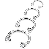 Hnxnskt Horseshoe Nose Ring Surgical Steel Double Stud Nose Ring 16g Lip Rings Cubic Zirconia Daith Piercing Jewelry for Women Inner Diameter 6/8/10/12mm