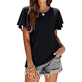 KBOOK Women's Summer Ruffle Short Sleeve Hollow Out Tshirts Crew Neck Casual Loose Fit Blouse Top