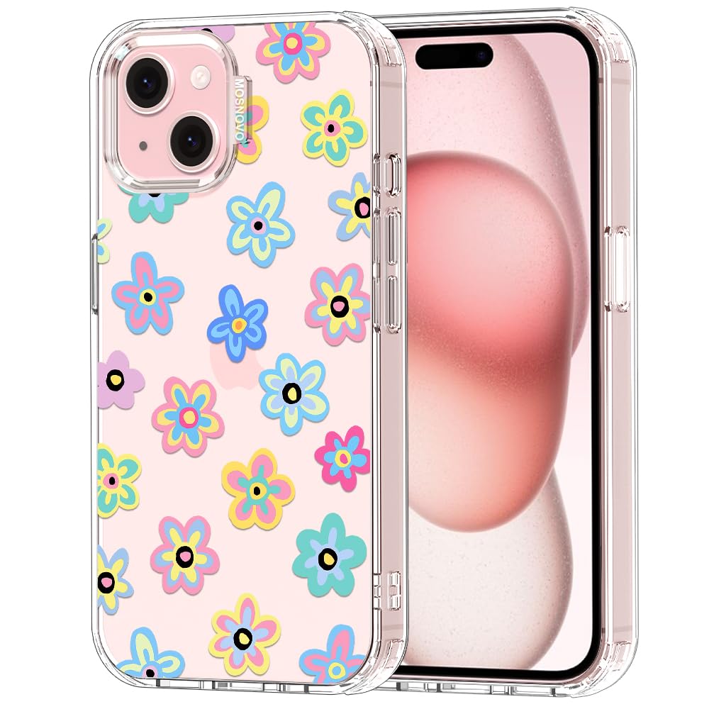 MOSNOVO Case for iPhone 15 Plus / 14 Plus [Buffertech 6.6ft Military-Grade Drop Protection] [Anti Peel Off Tech] Clear TPU Bumper Phone Case - Groovy Flower — image 1